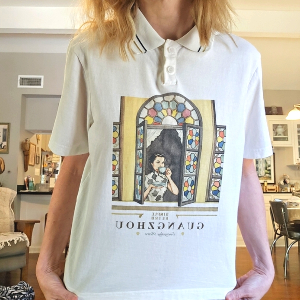 Simple Retro Collared Graphic Polo Shirt with Women Drinking Tea